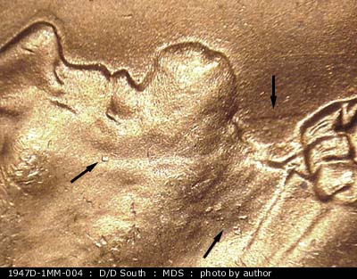 Die-stage B marker on 1947D•1MM•004 (1947 Repunched Mint Mark).
