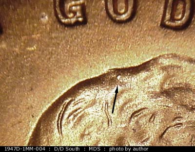 Die-stage B marker on 1947D•1MM•004 (1947 Repunched Mint Mark).