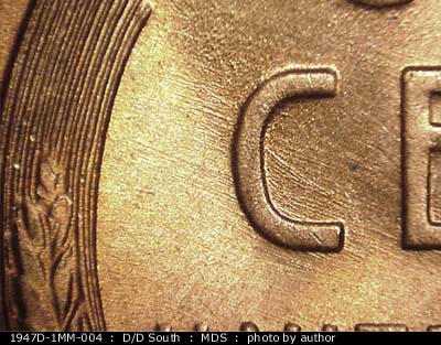 Die-stage B marker on 1947D•1MM•004 (1947 Repunched Mint Mark).