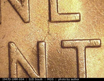 Die-stage B marker on 1947D•1MM•004 (1947 Repunched Mint Mark).