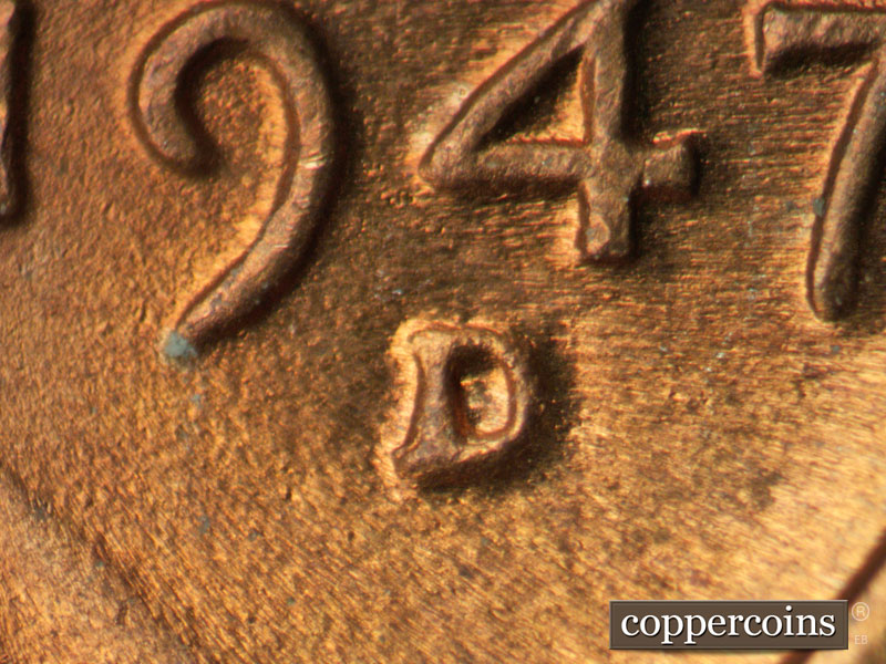 1947 Lincoln cent obverse, CopperCoins die 1947D•1MM•005.