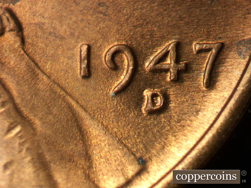 Die-stage B marker on 1947D•1MM•005 (1947 Repunched Mint Mark).