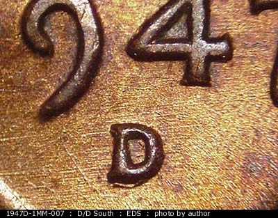 Die-stage A marker on 1947D•1MM•007 (1947 Repunched Mint Mark).