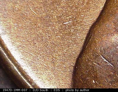 Die-stage A marker on 1947D•1MM•007 (1947 Repunched Mint Mark).