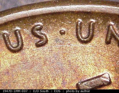 Die-stage A marker on 1947D•1MM•007 (1947 Repunched Mint Mark).