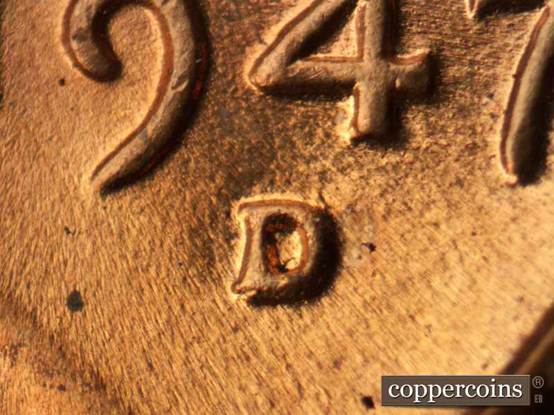 1947 Lincoln cent obverse, CopperCoins die 1947D•1MM•009.
