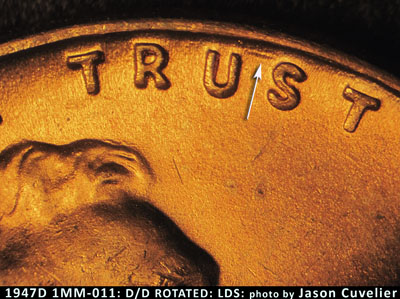 Die-stage C marker on 1947D•1MM•011 (1947 Repunched Mint Mark).