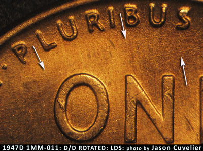 Die-stage C marker on 1947D•1MM•011 (1947 Repunched Mint Mark).