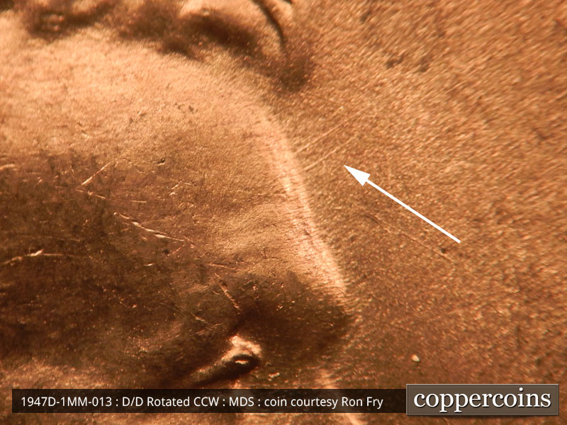Die-stage B marker on 1947D•1MM•013 (1947 Repunched Mint Mark).