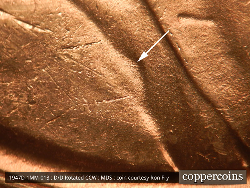 Die-stage B marker on 1947D•1MM•013 (1947 Repunched Mint Mark).