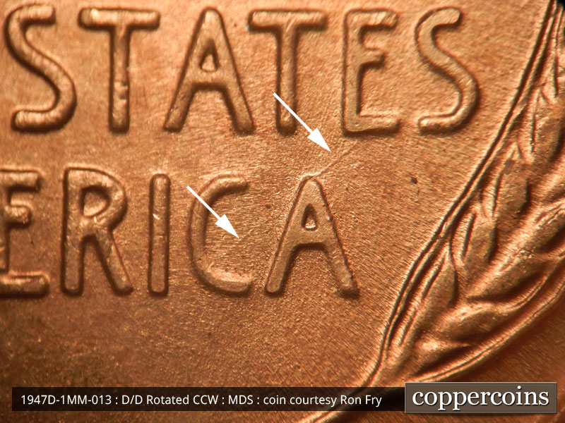 Die-stage B marker on 1947D•1MM•013 (1947 Repunched Mint Mark).