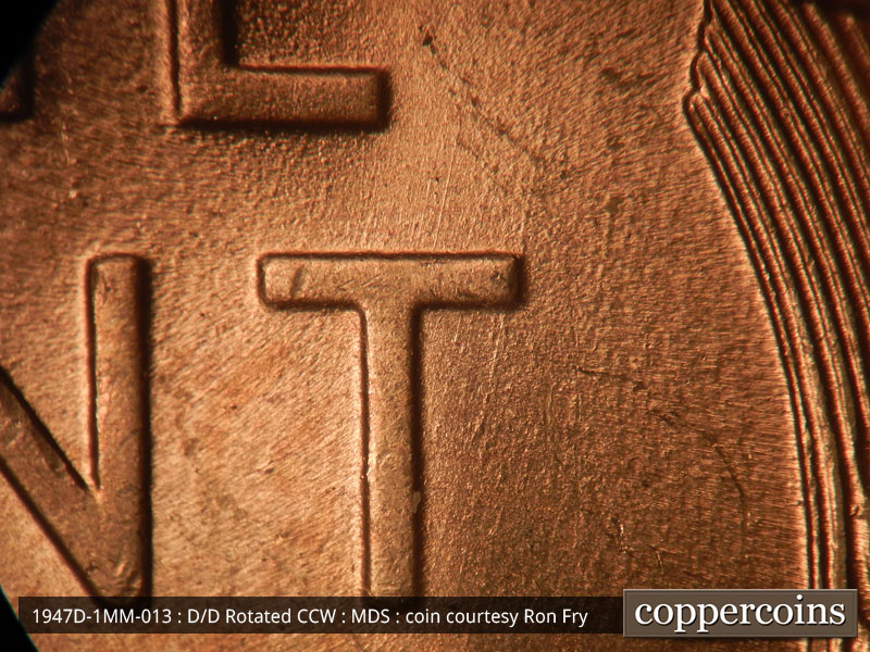Die-stage B marker on 1947D•1MM•013 (1947 Repunched Mint Mark).