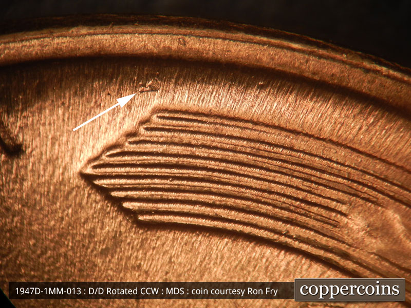 Die-stage B marker on 1947D•1MM•013 (1947 Repunched Mint Mark).