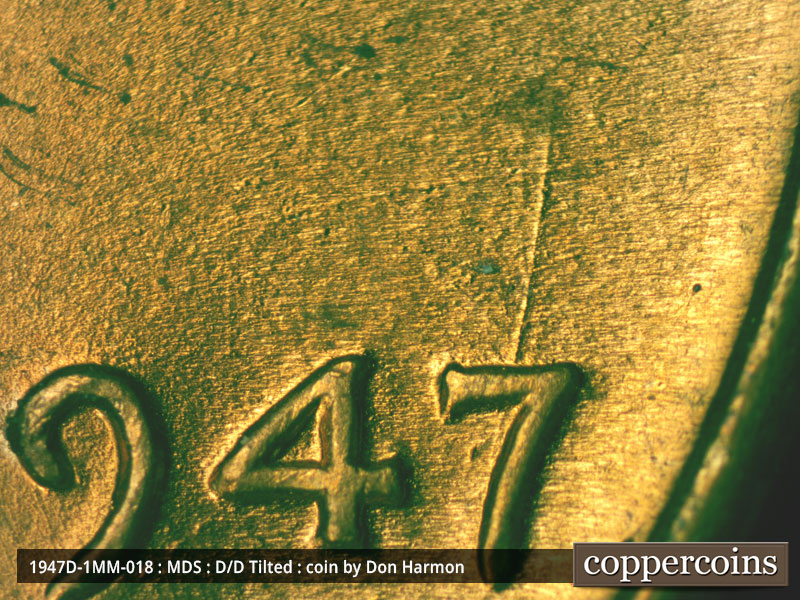 Die-stage B marker on 1947D•1MM•018 (1947 Repunched Mint Mark).