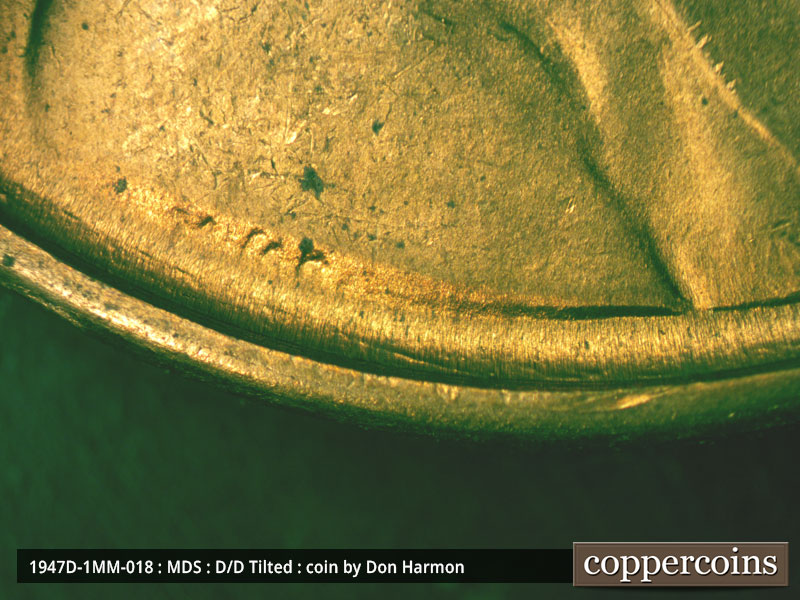 Die-stage B marker on 1947D•1MM•018 (1947 Repunched Mint Mark).