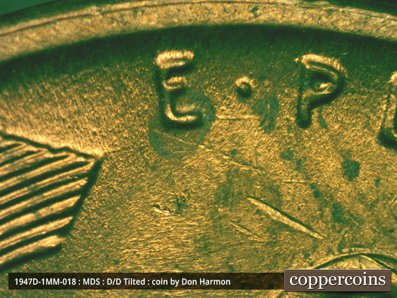 Die-stage B marker on 1947D•1MM•018 (1947 Repunched Mint Mark).