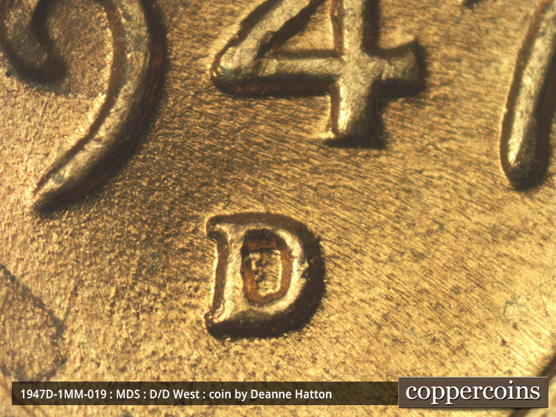 1947 Lincoln cent obverse, CopperCoins die 1947D•1MM•019.