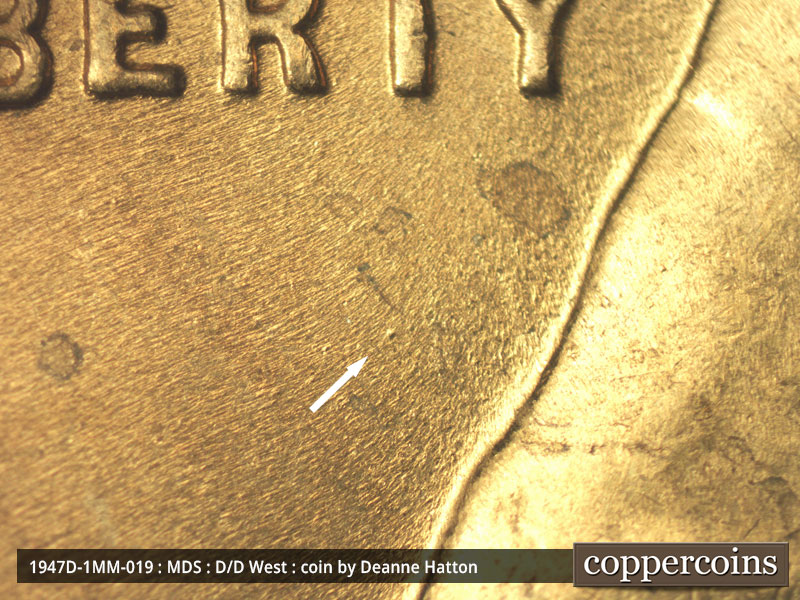 Die-stage B marker on 1947D•1MM•019 (1947 Repunched Mint Mark).