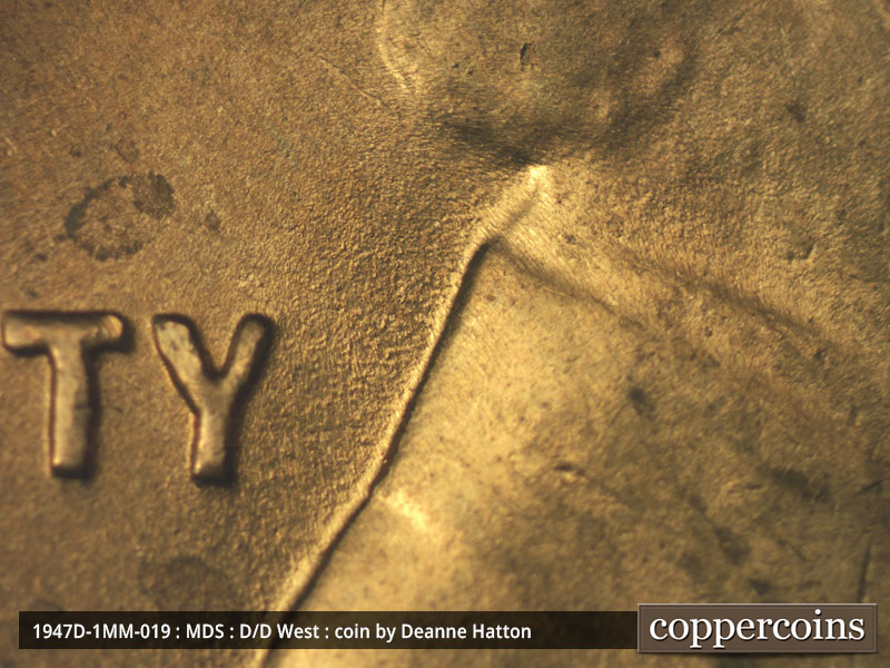 Die-stage B marker on 1947D•1MM•019 (1947 Repunched Mint Mark).