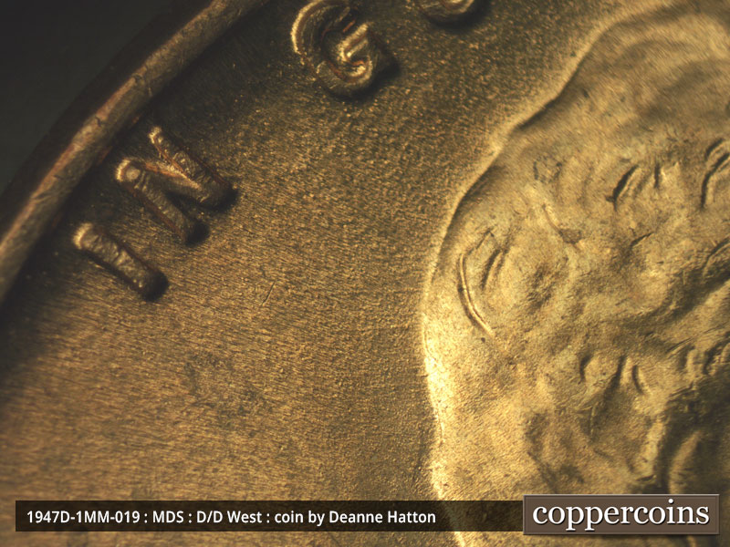 Die-stage B marker on 1947D•1MM•019 (1947 Repunched Mint Mark).
