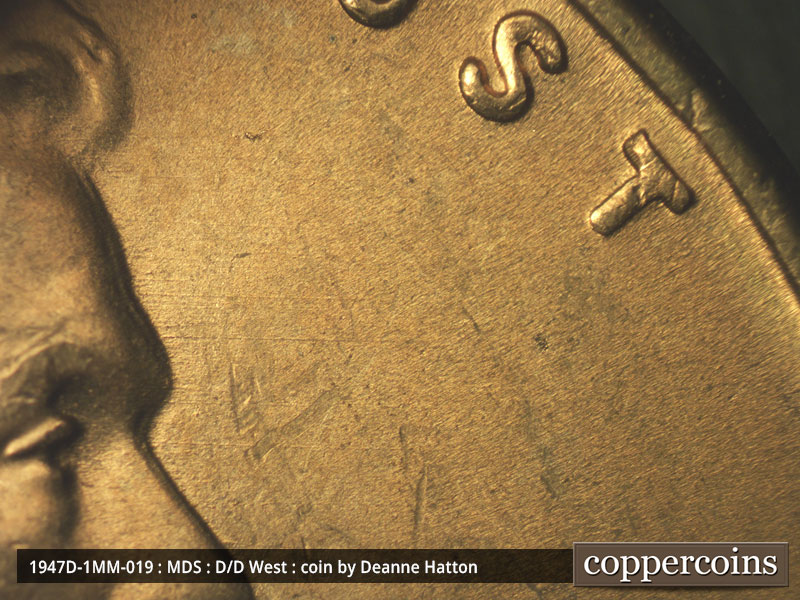 Die-stage B marker on 1947D•1MM•019 (1947 Repunched Mint Mark).