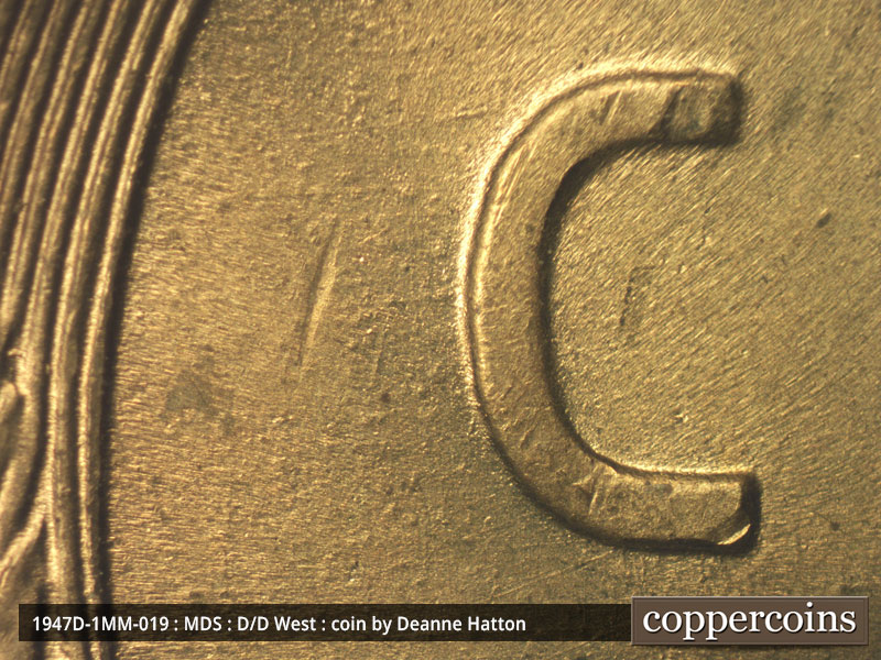 Die-stage B marker on 1947D•1MM•019 (1947 Repunched Mint Mark).