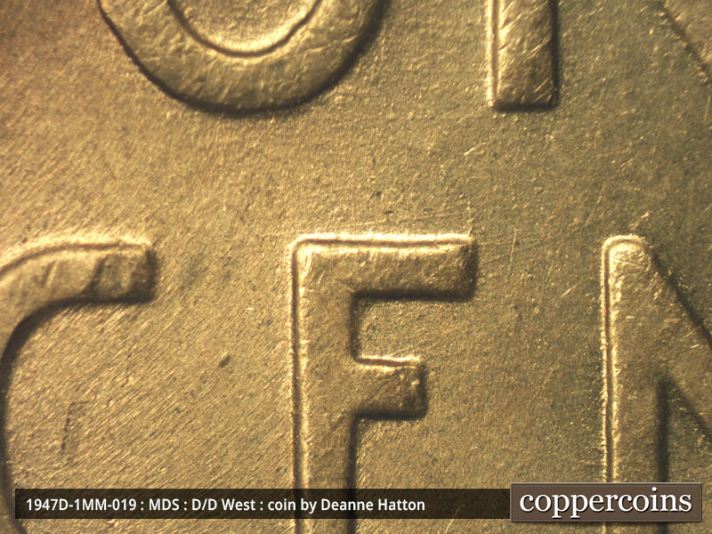 Die-stage B marker on 1947D•1MM•019 (1947 Repunched Mint Mark).