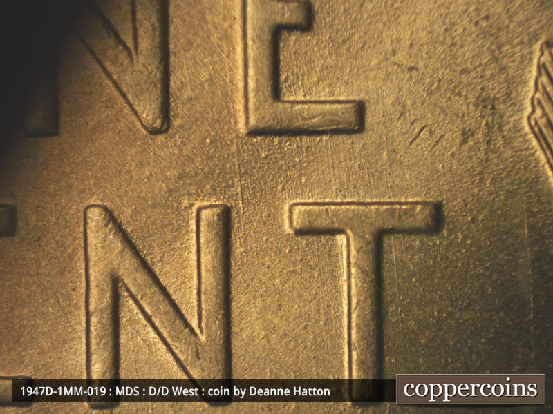 Die-stage B marker on 1947D•1MM•019 (1947 Repunched Mint Mark).