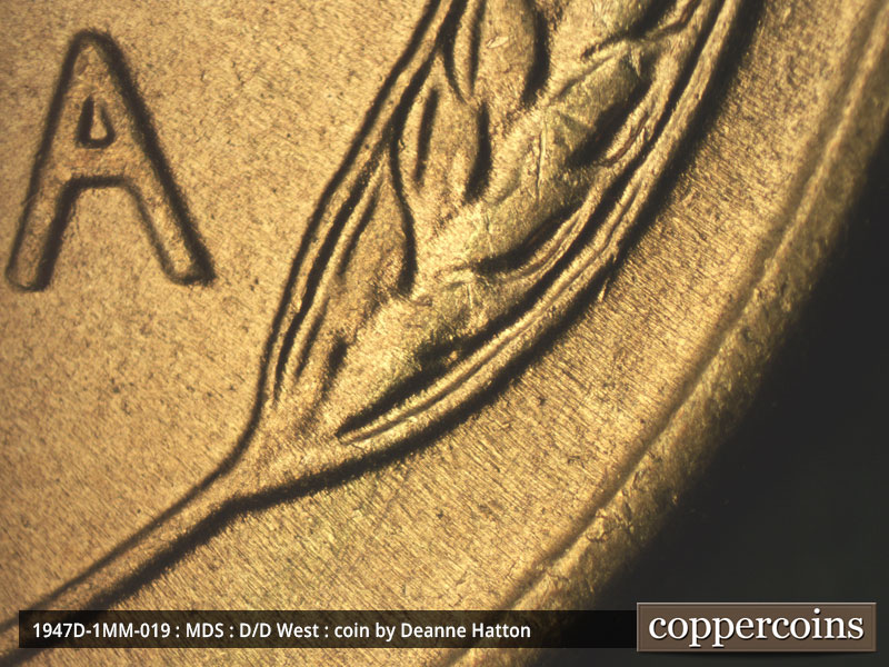 Die-stage B marker on 1947D•1MM•019 (1947 Repunched Mint Mark).
