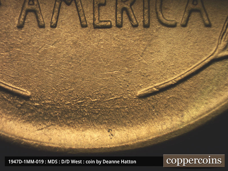 Die-stage B marker on 1947D•1MM•019 (1947 Repunched Mint Mark).