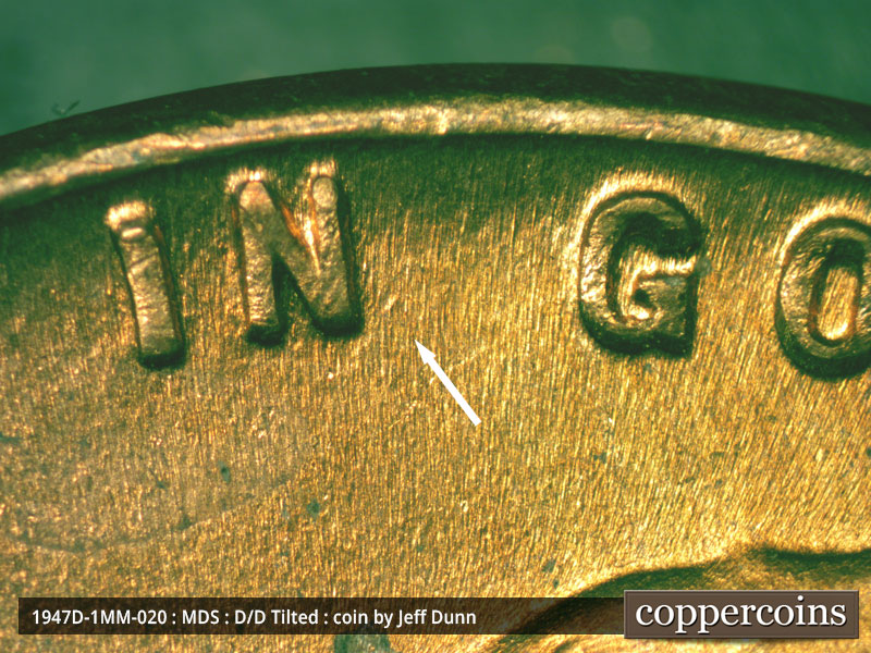 Die-stage B marker on 1947D•1MM•020 (1947 Repunched Mint Mark).
