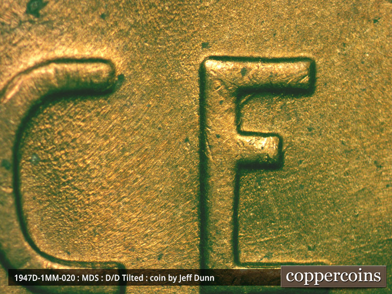Die-stage B marker on 1947D•1MM•020 (1947 Repunched Mint Mark).