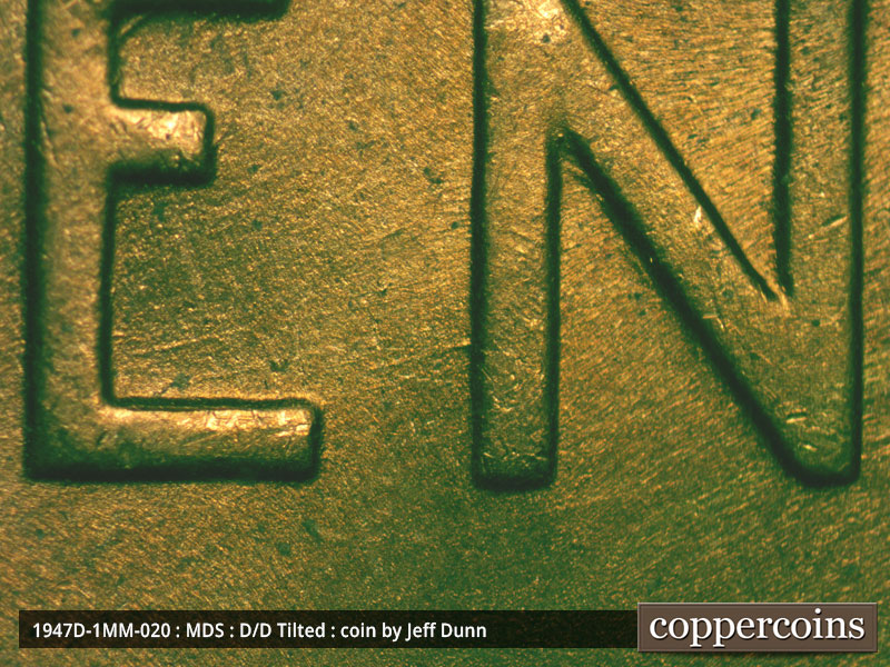 Die-stage B marker on 1947D•1MM•020 (1947 Repunched Mint Mark).