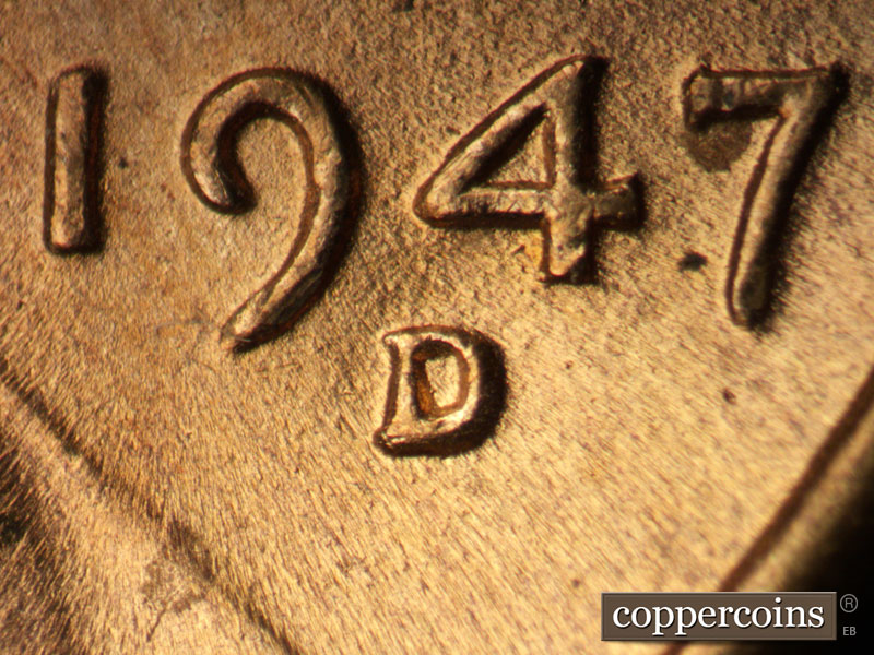1947 Lincoln cent obverse, CopperCoins die 1947D•1MM•023.