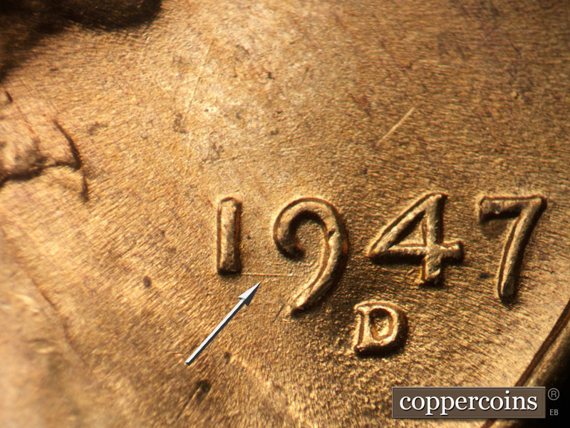 Die-stage B marker on 1947D•1MM•023 (1947 Repunched Mint Mark).