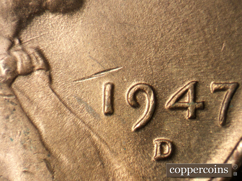 Die-stage B marker on 1947D•1MM•029 (1947 Repunched Mint Mark).