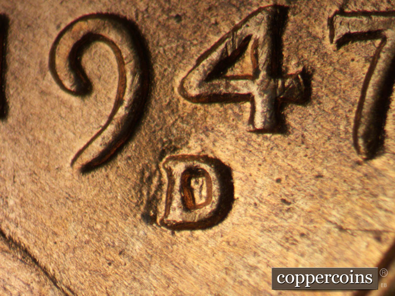1947 Lincoln cent obverse, CopperCoins die 1947D•1MM•030.