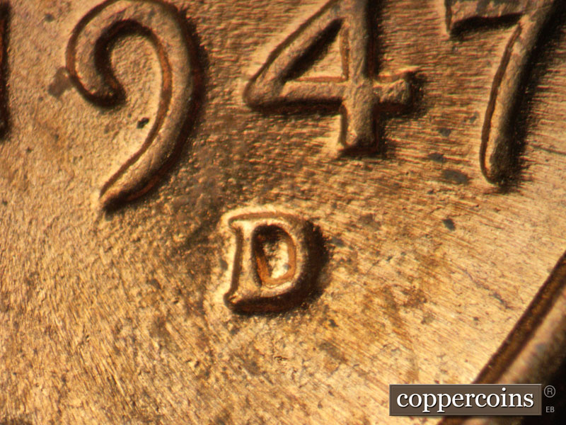 1947 Lincoln cent obverse, CopperCoins die 1947D•1MM•031.