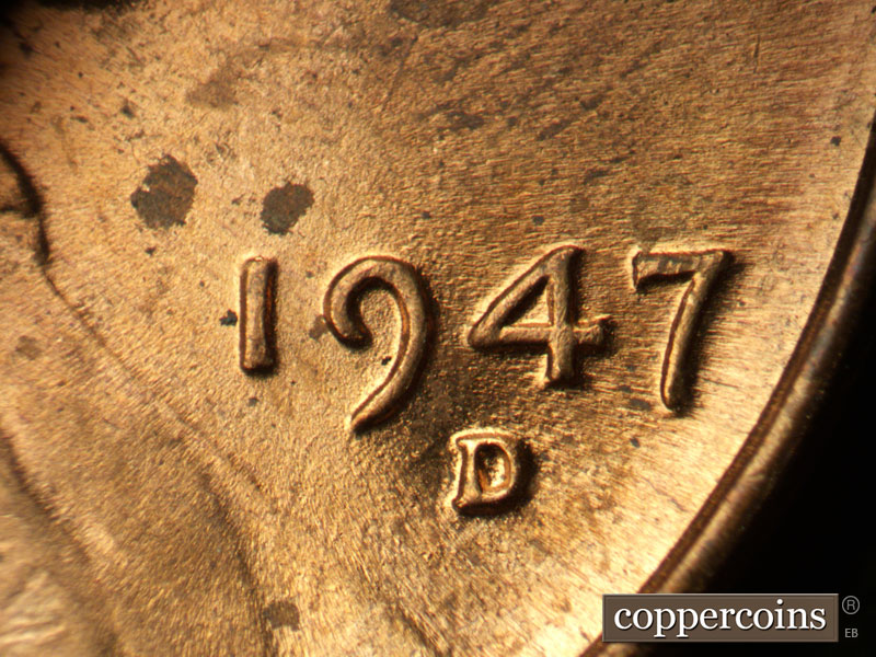 Die-stage B marker on 1947D•1MM•031 (1947 Repunched Mint Mark).