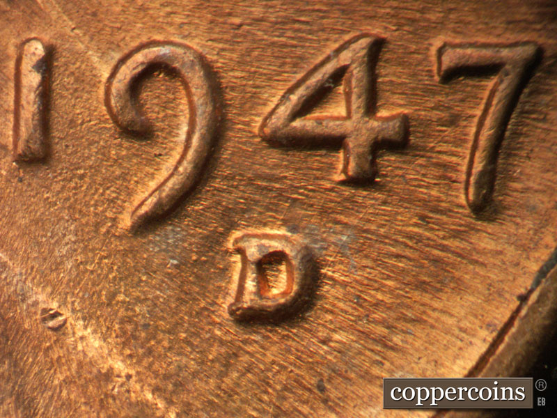 1947 Lincoln cent obverse, CopperCoins die 1947D•1MM•033.