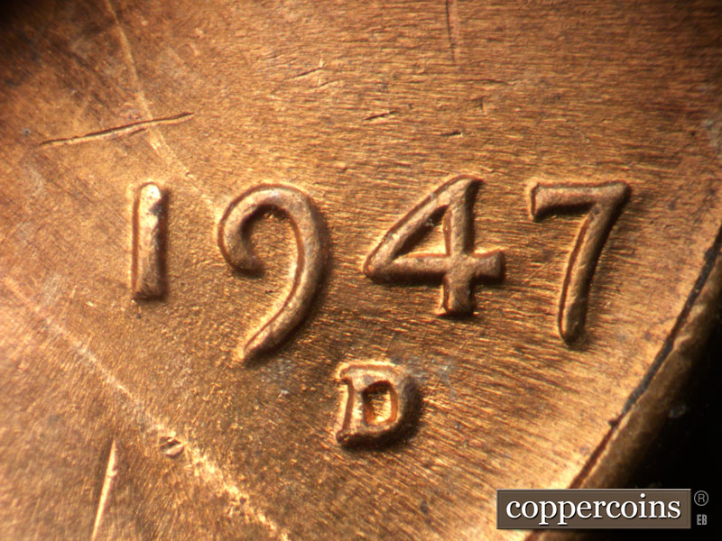 Die-stage B marker on 1947D•1MM•033 (1947 Repunched Mint Mark).