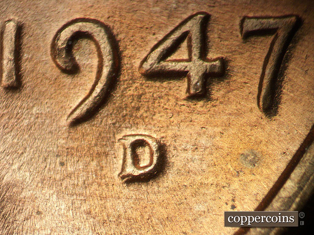 Die-stage B marker on 1947D•1MM•035 showing Closeup of repunched mintmarks.