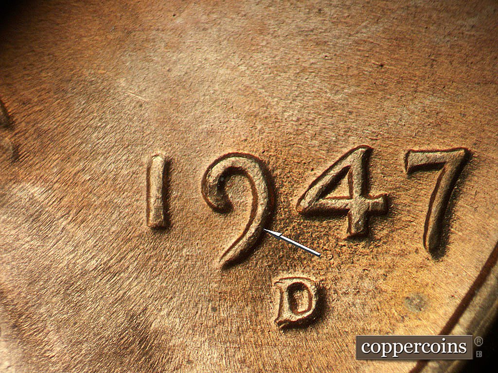 Die-stage B marker on 1947D•1MM•035 showing Die crack on 9 in date.