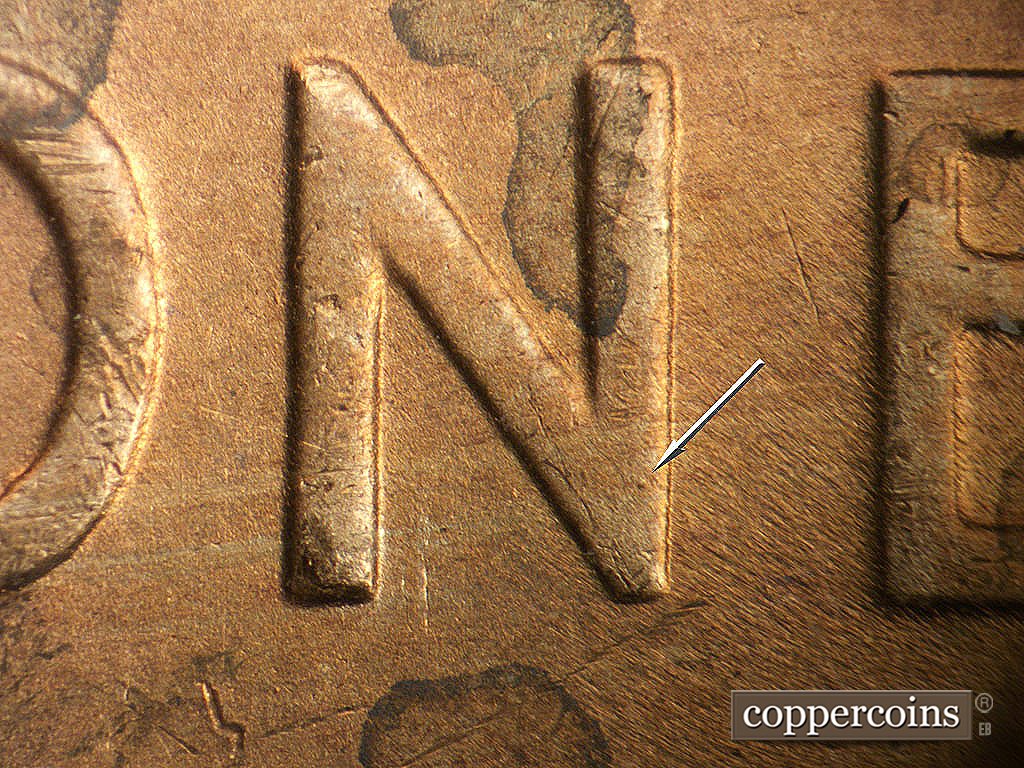 Die-stage B marker on 1947D•1MM•035 showing Die dot on lower N in ONE.