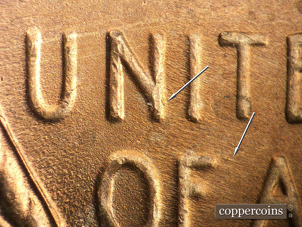 Die-stage B marker on 1947D•1MM•035 showing Die crack on N in UNITED.