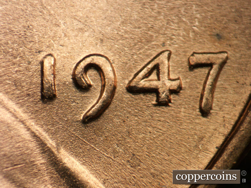 1947 Lincoln cent obverse, CopperCoins die 1947P•1DO•001.