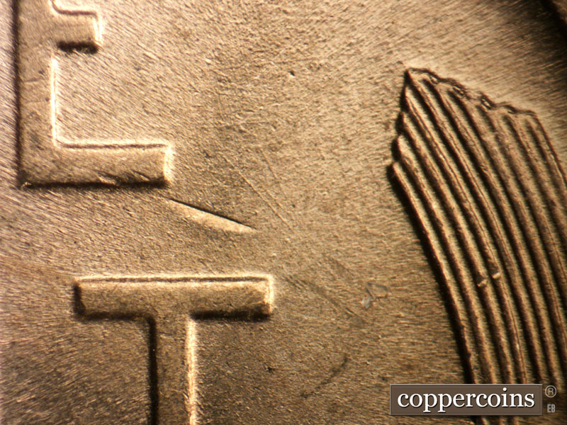 Die-stage B marker on 1947P•1DO•001 (1947 Doubled Die Obverse).
