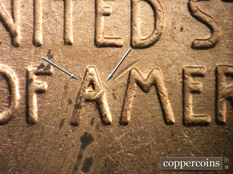 Die-stage B marker on 1947P•1DO•001 (1947 Doubled Die Obverse).