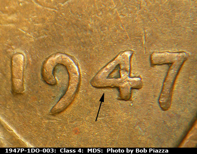 Die-stage B marker on 1947P•1DO•003 (1947 Doubled Die Obverse).