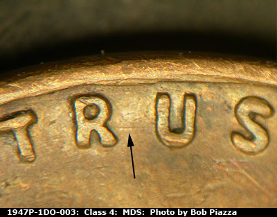 Die-stage B marker on 1947P•1DO•003 (1947 Doubled Die Obverse).